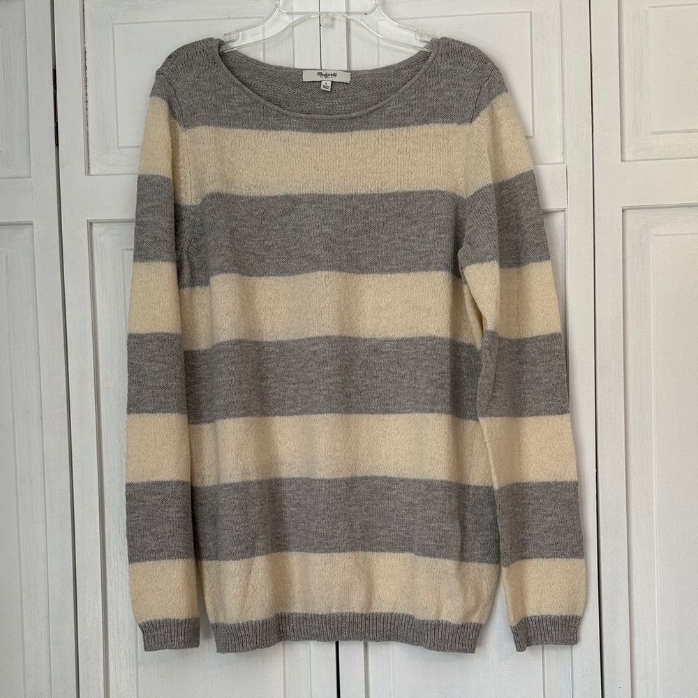 Madewell Wide Striped Crewneck Sweater in Gray & Cream Sz L